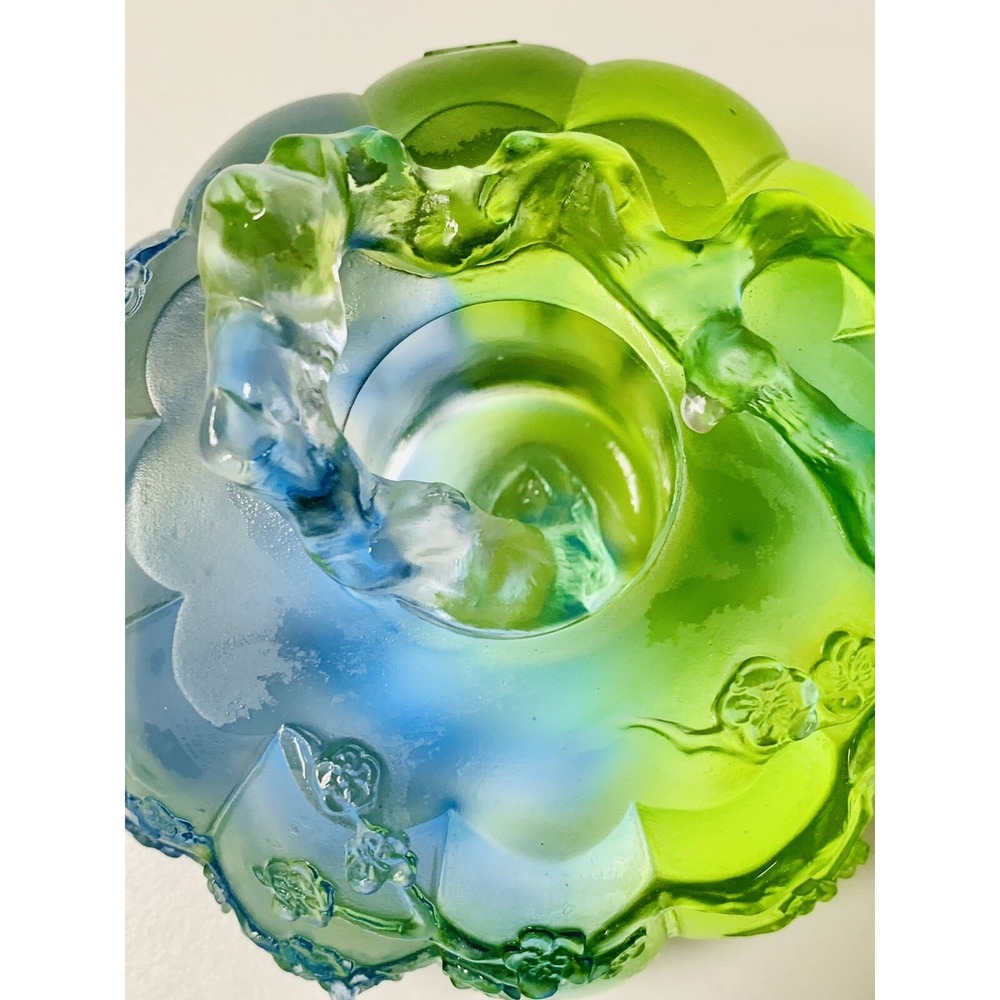 VTG '98 Liuligongfang Asian Green Blue Crystal Art Lotus Decorative Signed RARE! - Picture 8 of 12